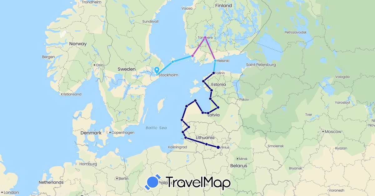 TravelMap itinerary: driving, train, boat in Estonia, Finland, Lithuania, Latvia, Sweden (Europe)